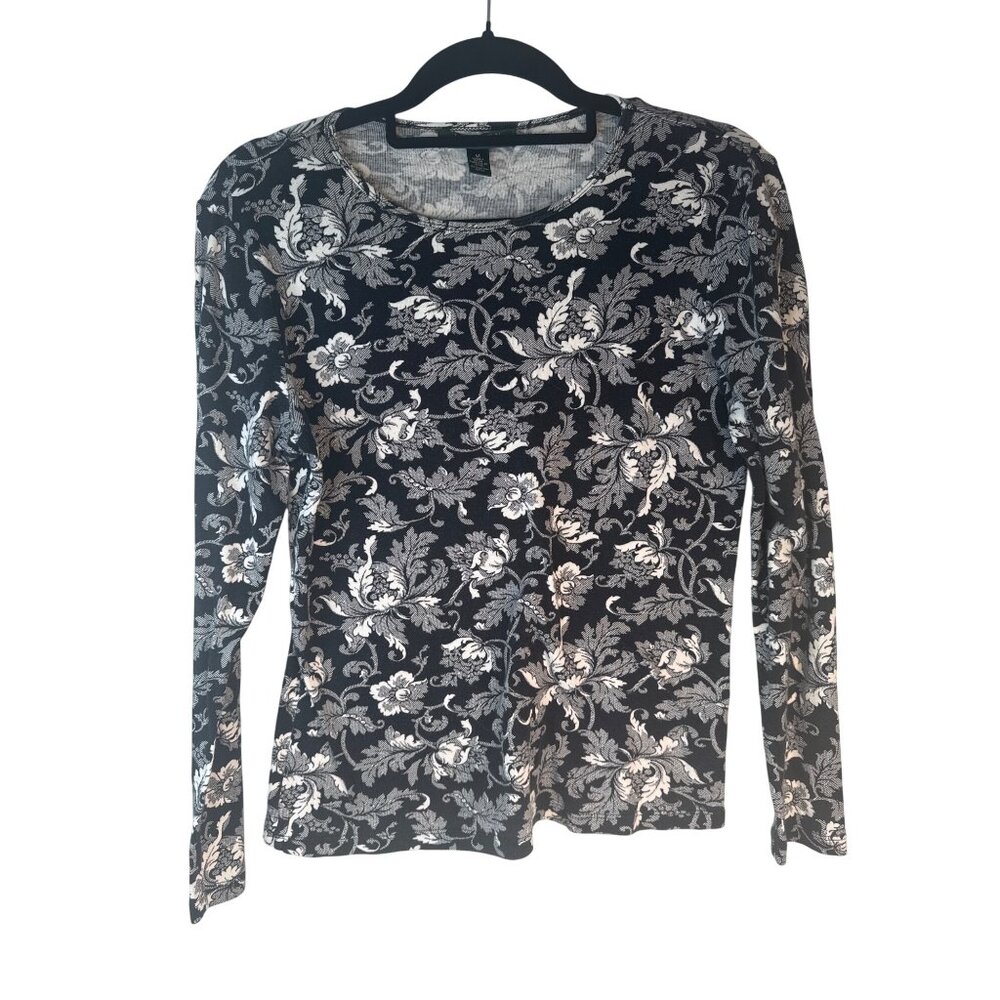 Lauren Ralph Lauren Medium Black & White Floral Long Sleeve Cotton Top - Picture 5 of 11